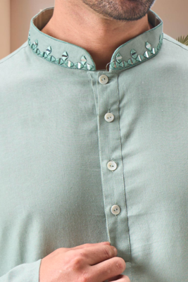 Green linen embroidery mirror work kurta pajama set 3