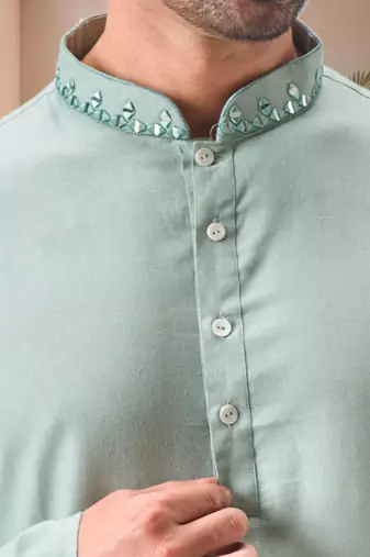 Green linen embroidery mirror work kurta pajama set