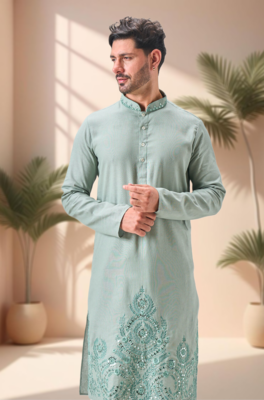 Green linen embroidery mirror work kurta pajama set 4
