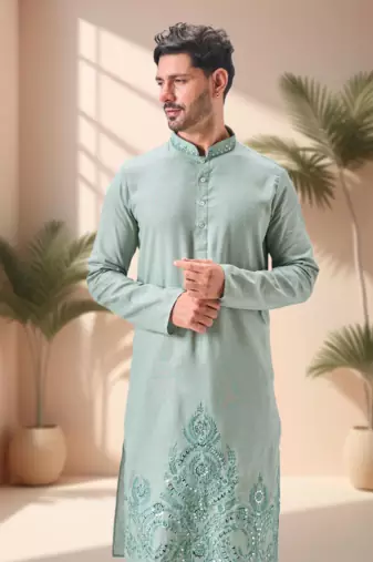 Green linen embroidery mirror work kurta pajama set