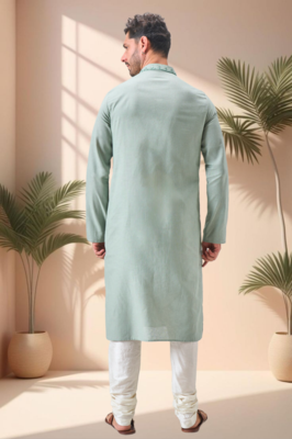 Green linen embroidery mirror work kurta pajama set 5
