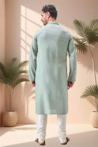 Green linen embroidery mirror work kurta pajama set