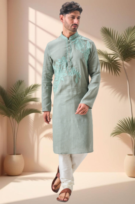 Green linen embroidery aari work kurta pajama set 1