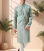 Green linen embroidery aari work kurta pajama set