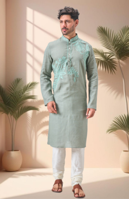 Green linen embroidery aari work kurta pajama set 2
