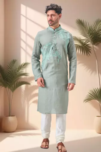 Green linen embroidery aari work kurta pajama set