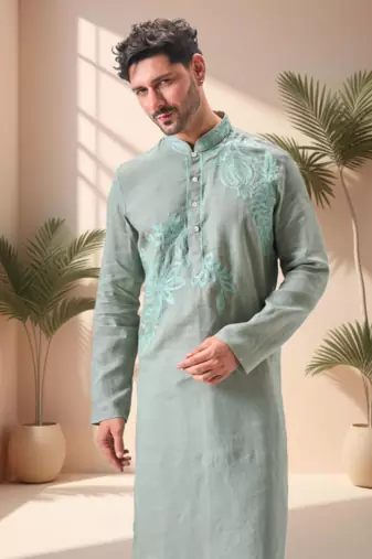 Green linen embroidery aari work kurta pajama set