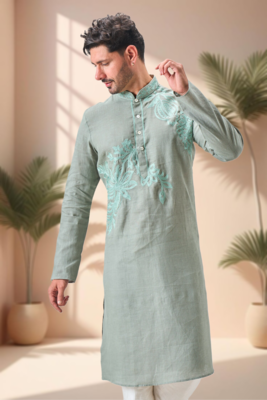 Green linen embroidery aari work kurta pajama set 4