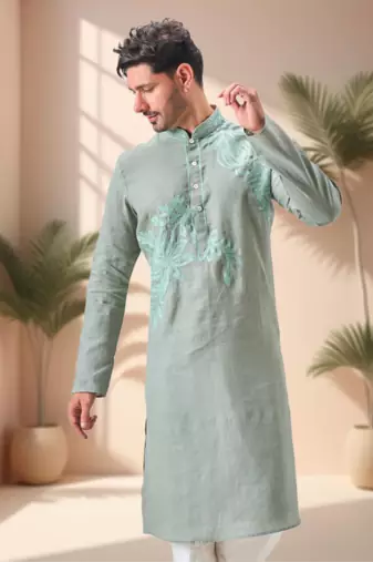 Green linen embroidery aari work kurta pajama set