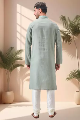 Green linen embroidery aari work kurta pajama set
