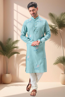 Sky blure linen embroidery kurta pajama set 1