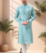 Sky blure linen embroidery kurta pajama set