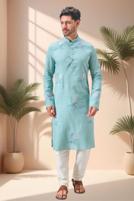 Sky blure linen embroidery kurta pajama set 2