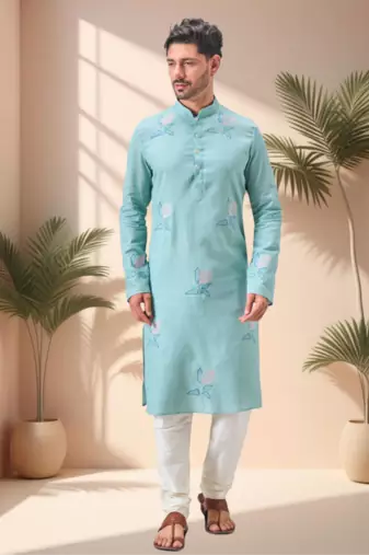 Sky blure linen embroidery kurta pajama set