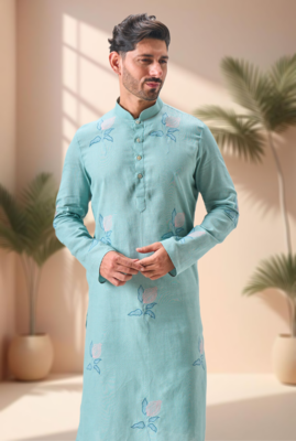 Sky blure linen embroidery kurta pajama set 4