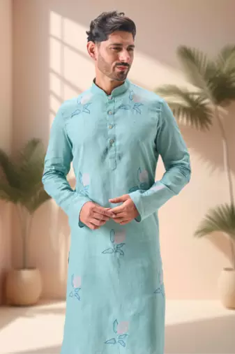 Sky blure linen embroidery kurta pajama set