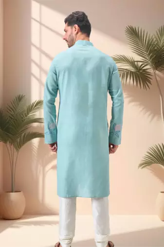 Sky blure linen embroidery kurta pajama set