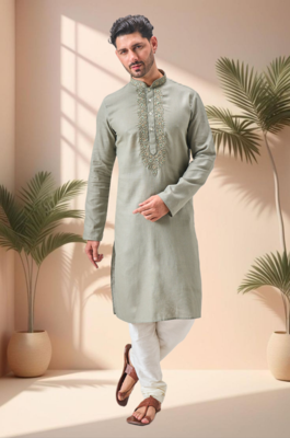 Green linen embroidry kurta pajama set 1