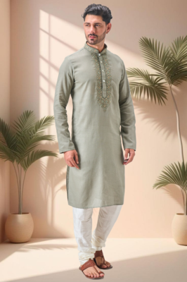 Green linen embroidry kurta pajama set 2