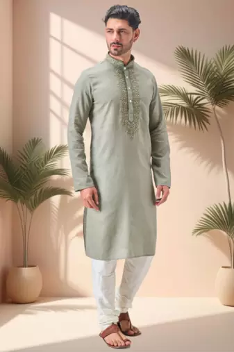 Green linen embroidry kurta pajama set