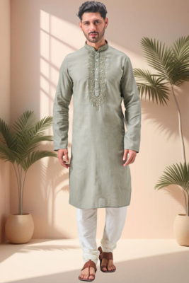Green linen embroidry kurta pajama set 3