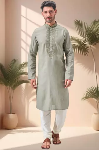 Green linen embroidry kurta pajama set