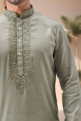 Green linen embroidry kurta pajama set 4