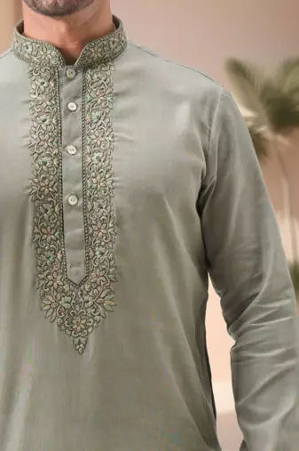 Green linen embroidry kurta pajama set