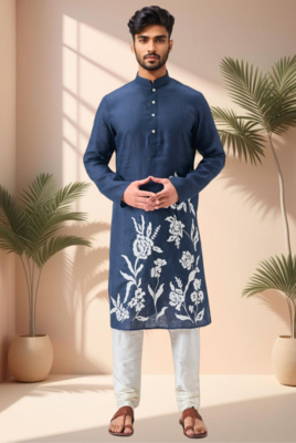 Blue linen embroidery aari work kurta pajama set 1