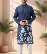 Blue linen embroidery aari work kurta pajama set