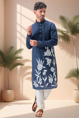 Blue linen embroidery aari work kurta pajama set 2