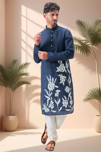 Blue linen embroidery aari work kurta pajama set