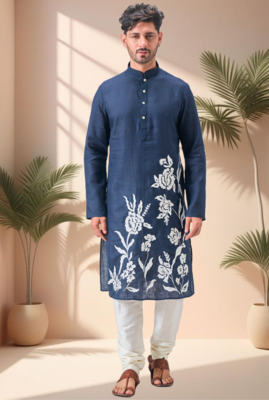 Blue linen embroidery aari work kurta pajama set 3