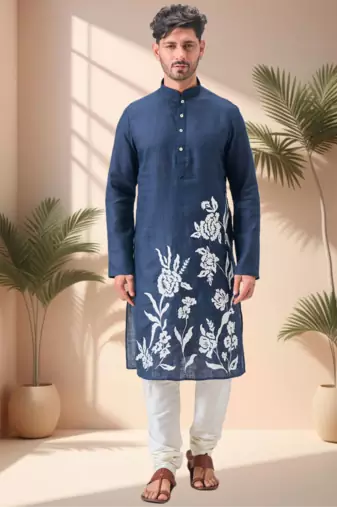 Blue linen embroidery aari work kurta pajama set