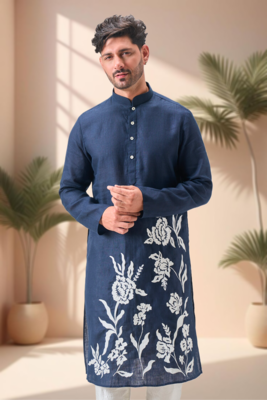 Blue linen embroidery aari work kurta pajama set 4