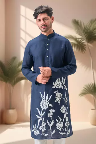 Blue linen embroidery aari work kurta pajama set