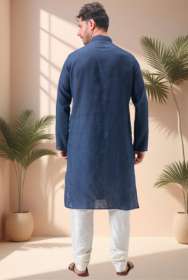 Blue linen embroidery aari work kurta pajama set 5