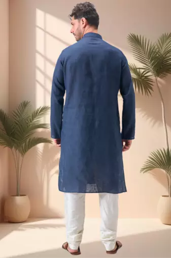 Blue linen embroidery aari work kurta pajama set