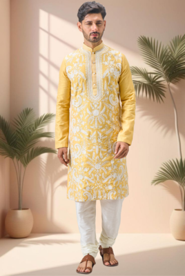 Yellow art silk embroidery thread work kurta pajama set 1