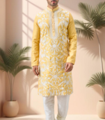Yellow art silk embroidery thread work kurta pajama set