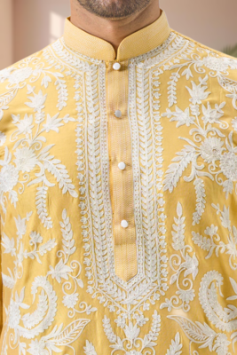 Yellow art silk embroidery thread work kurta pajama set 2