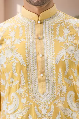 Yellow art silk embroidery thread work kurta pajama set