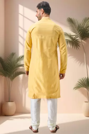 Yellow art silk embroidery thread work kurta pajama set