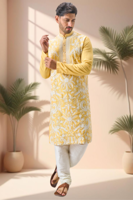 Yellow art silk embroidery thread work kurta pajama set 4