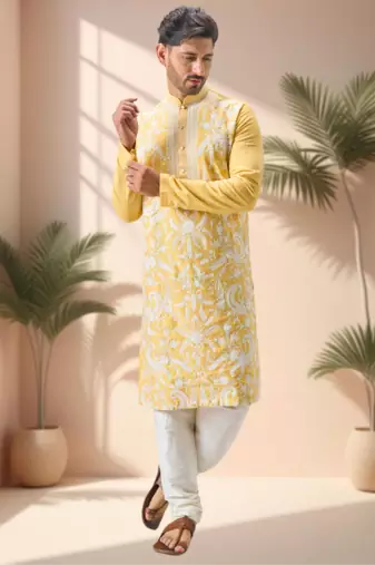 Yellow art silk embroidery thread work kurta pajama set
