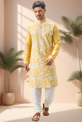 Yellow art silk embroidery thread work kurta pajama set 5