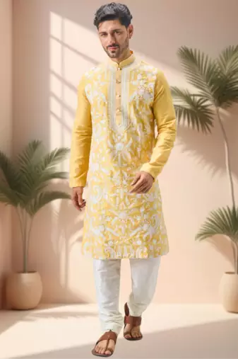 Yellow art silk embroidery thread work kurta pajama set