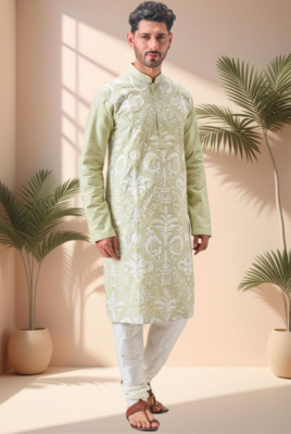Green art silk embroidery thread work kurta pajama set 1