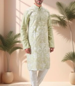 Green art silk embroidery thread work kurta pajama set