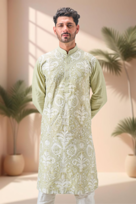Green art silk embroidery thread work kurta pajama set 2